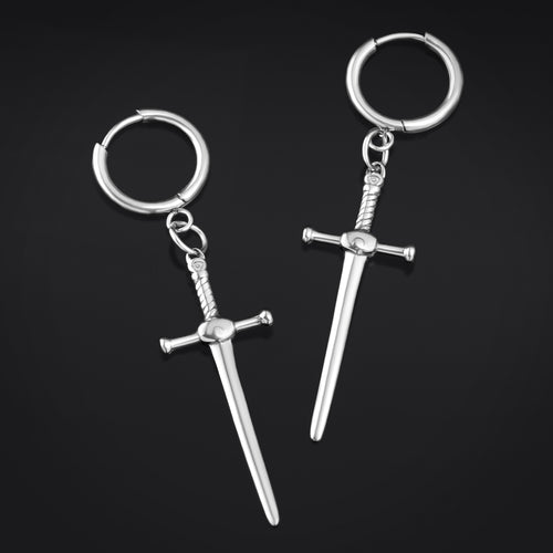 Hoop Earrings, Silver, Sword, Stainless Steel - Pair
