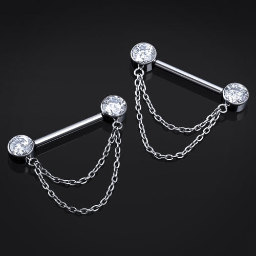 Silver, Titanium, Threadless, Chain Dangle Jewelled Nipple Bar 1.6mm