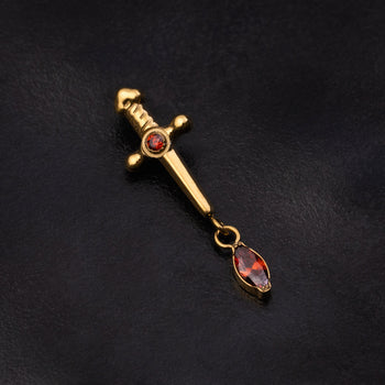 Helix Stud, Gold, Sword Dangle with Red Jewel, Internally Threaded, Titanium