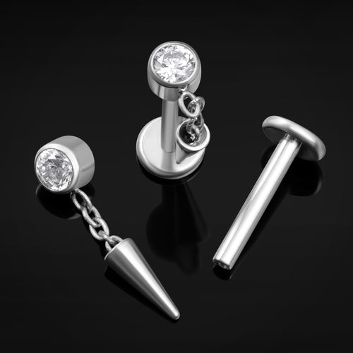 Dangle Labret Stud, Silver, Spike with Clear Jewel, Internal Thread, Titanium