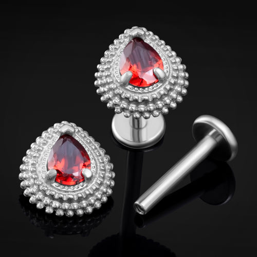 Labret Stud, Silver, Teardrop with Red Garnet Jewel, Internally Threaded, Titanium, 1.2mm Gauge