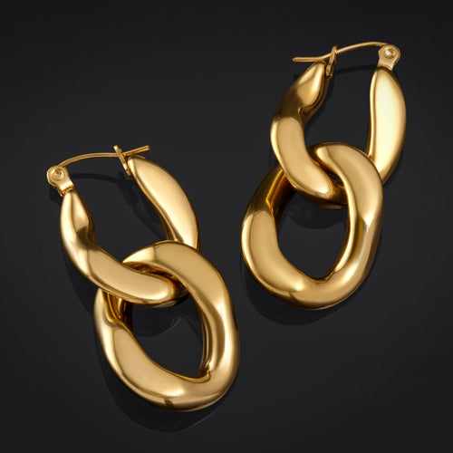 Hoop Earrings, Gold, Chain Link, Stainless Steel - Pair