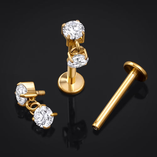 Labret Stud, Gold, Double CZ Stone Dangle, Internally Threaded, Titanium