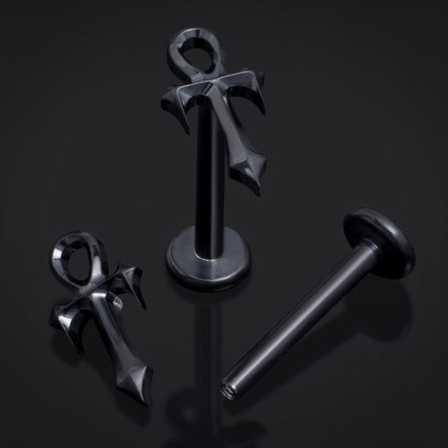 Black, Spiked Ankh, Internally Threaded, Labret Stud, ASTM F136 Titanium, 1.2mm