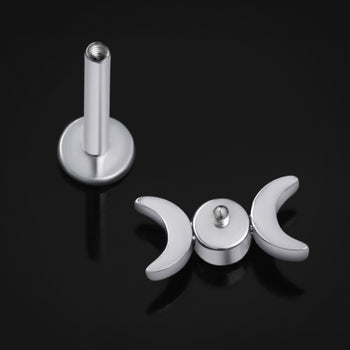 Labret Stud, Silver, Double Crescent Moon with Jewel, Internally Threaded, Titanium, 1.2mm Gauge
