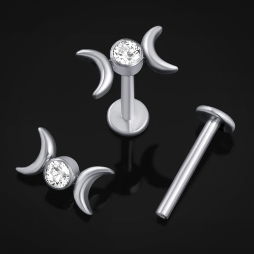 Labret Stud, Silver, Double Crescent Moon with Jewel, Internally Threaded, Titanium, 1.2mm Gauge