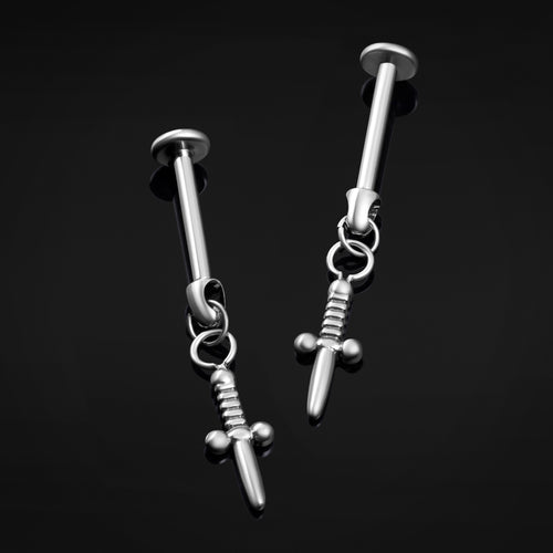 Dangle Labret Stud, Silver, Sword, Internally Threaded, Titanium, 1.2mm