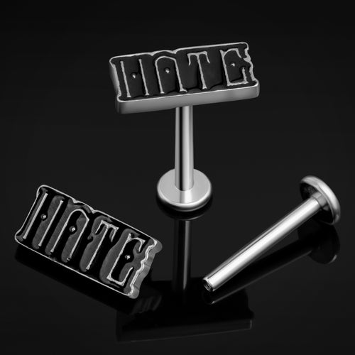 Silver, Hate, Internally Threaded, Labret Stud, ASTM F136 Titanium, 1.2mm