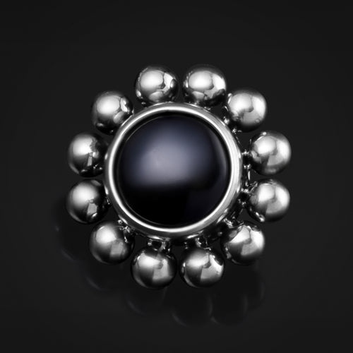 Labret Top, Silver, Obsidian Stone, Beaded Cluster, Internally Threaded, Titanium