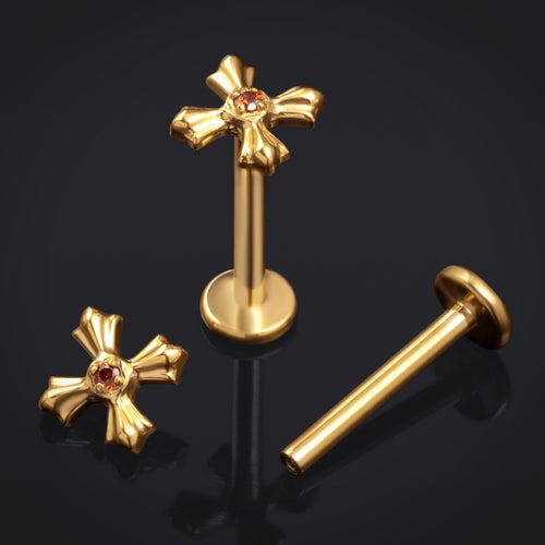 Gold Red Jewelled Cross Internally Threaded Titanium Labret Stud 1.2mm Gauge