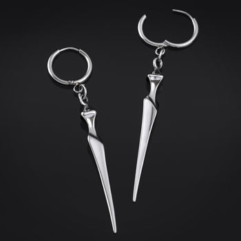 Huggie Hoop Earrings, Silver, Spiked Heart, Stainless Steel - Pair