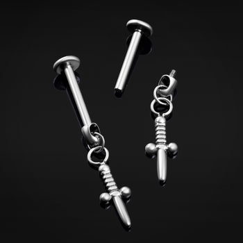 Dangle Labret Stud, Silver, Sword, Internally Threaded, Titanium, 1.2mm