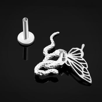 Labret Stud, Silver, Butterfly & Snake, Internal Thread, Titanium, 1.2mm