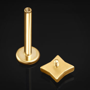 ASTM F136 Titanium, Gold, Geometric Quatrefoil, Black Cz Stone, Labret Stud