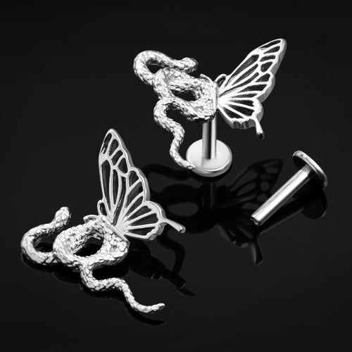 Labret Stud, Silver, Butterfly & Snake, Internal Thread, Titanium, 1.2mm