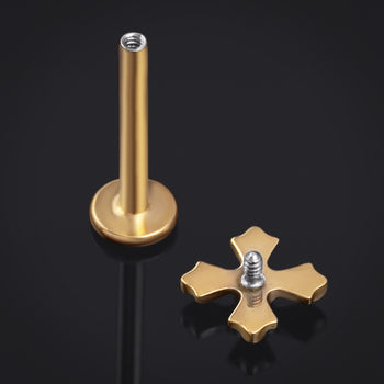 Gold Black Jewelled Cross Internally Threaded Titanium Labret Stud 1.2mm Gauge