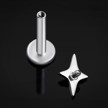 Labret Stud, Silver, Four Pointed Star, Internal Thread, Titanium, 1.2mm