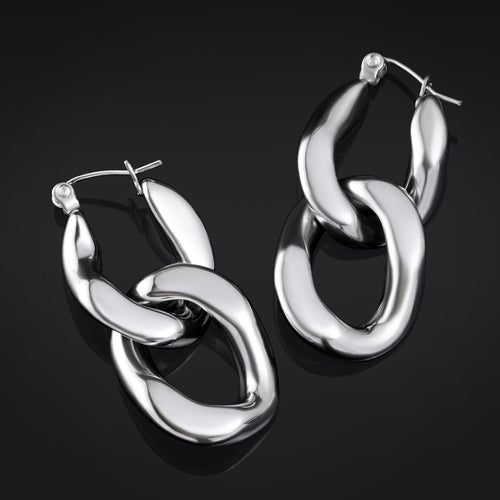 Hoop Earrings, Silver, Chain Link, Stainless Steel - Pair