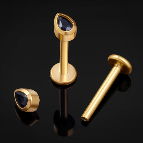 Labret Stud, Gold, Teardrop Black CZ Stone, Titanium, Internal Thread, 1.2mm Gauge