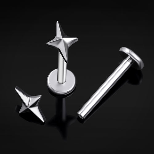 Labret Stud, Silver, Four Pointed Star, Internal Thread, Titanium, 1.2mm