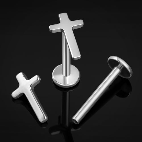 Silver Cross Internally Threaded Titanium Labret Stud 1.2mm Gauge