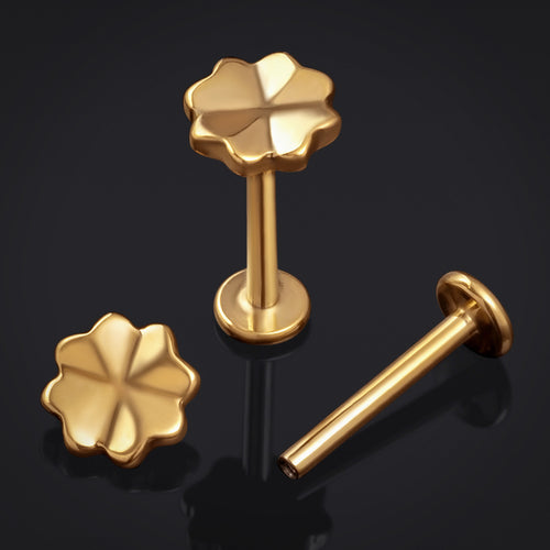 Gold Four Leaf Clover Internally Threaded Titanium Labret Stud 1.2mm Gauge