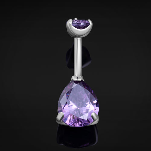 Belly Bar, Silver, Double Purple CZ Teardrop Stone, Internal Thread, Titanium, 1.6mm Gauge