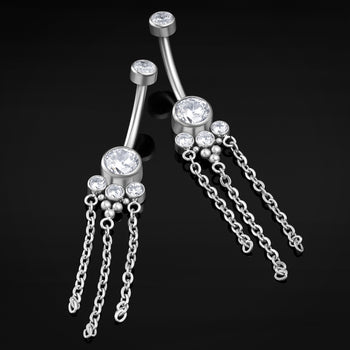 Belly Button Piercing, Silver Jewelled Chain Dangle, Internal Thread, Titanium