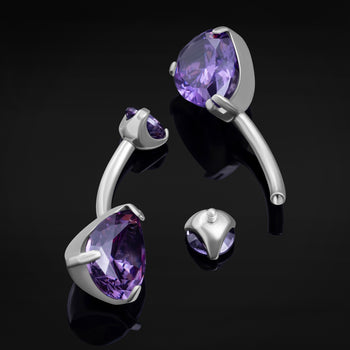 Belly Bar, Silver, Double Purple CZ Teardrop Stone, Internal Thread, Titanium, 1.6mm Gauge