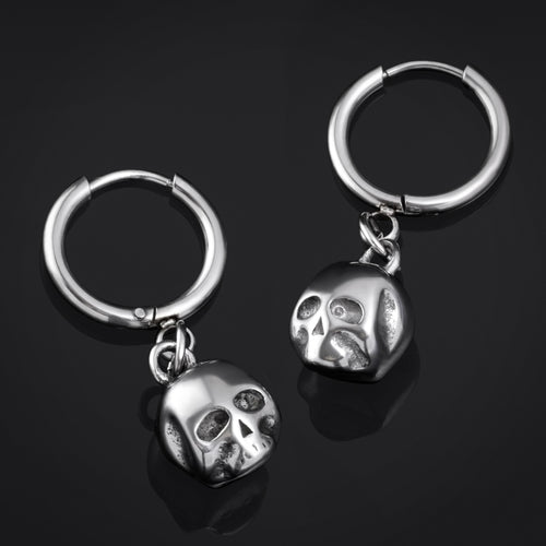 Hoop Earrings, Silver, Skull, Stainless Steel - Pair