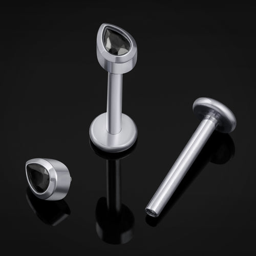 Labret Stud, Silver, Black Teardrop CZ Stone, Internal Thread, Titanium, 1.2mm