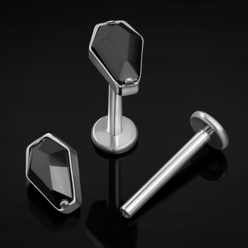 Titanium Internally Threaded Silver Coffin Labret Stud with Black Gem