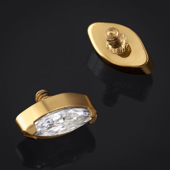 Labret Top, Gold, Clear Marquise Jewel , Internally Threaded, Titanium