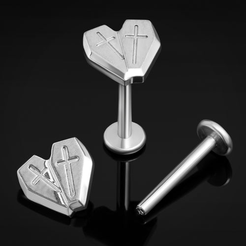Silver, Crossed Coffin Heart, Internally Threaded, Labret Stud, ASTM F136 Titanium, 1.2mm