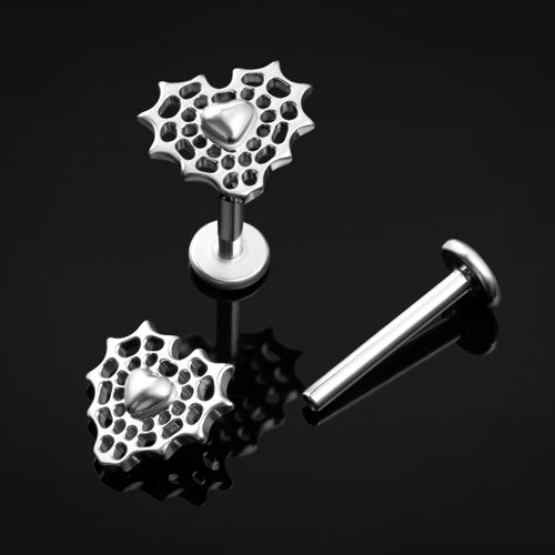 Labret Stud, Silver, Web Heart Top, Internal Thread, Titanium, 1.2mm