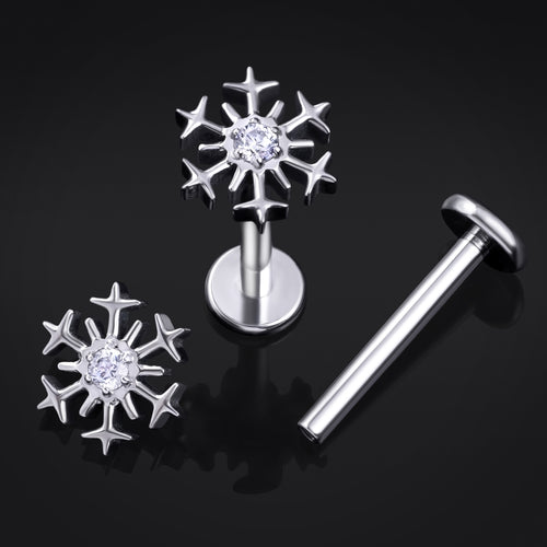 Labret Stud, Silver, Snowflake Top, Internal Thread, Titanium, 1.2mm