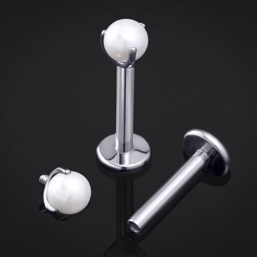 Silver, Claw Set Pearl, Internally Threaded, Labret Stud, Titanium