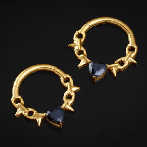 Septum Clicker, Gold Spiked Chain, Black Jewelled Heart, ASTM F136 Titanium