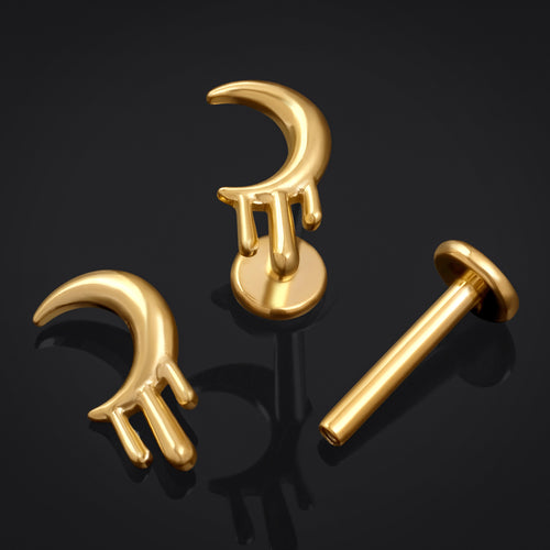 Labret Stud, Gold, Drippy Moon, Internally Threaded, Titanium