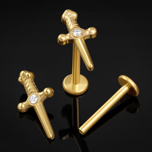 Clear Jewelled Gold Sword Internally Threaded Titanium Labret Stud 1.2mm Gauge