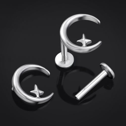 Labret Stud, Silver, Moon and Star, Internally Threaded, Titanium, 1.2mm Gauge