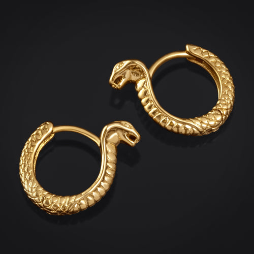 Hoop Earrings, Gold, Snake, Stainless Steel - Pair