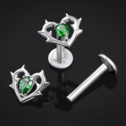 Labret Stud, Green, Thorn Heart with Jewel, Internally Threaded, Titanium, 1.2mm Gauge