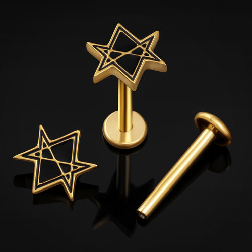 Labret Stud, Gold, Hexagram, Internally Threaded, Titanium, 1.2mm Gauge