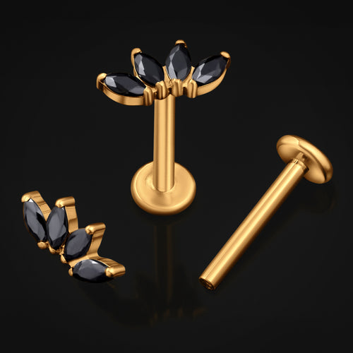 Labret Stud, Gold, Half Flower with Black CZ Stone, Internally Threaded, Titanium, 1.2mm Gauge