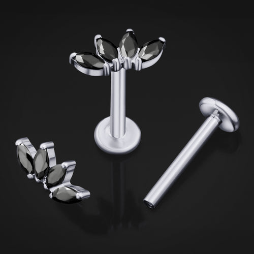 Labret Stud, Silver, Half Flower Black CZ Stone, Titanium, Internal Thread, 1.2mm Gauge