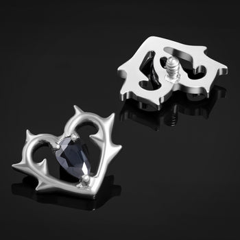 Labret Top, Silver, Black Jewel Thorn Heart, Internally Threaded, Titanium