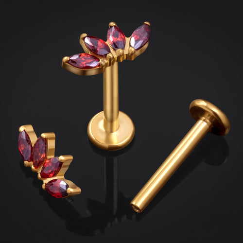 Labret Stud, Gold, Half Flower with Red CZ Stone, Internally Threaded, Titanium, 1.2mm Gauge