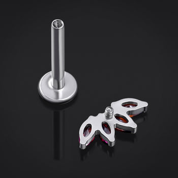 Labret Stud, Silver, Half Flower Red CZ Stone, Titanium, Internal Thread, 1.2mm Gauge
