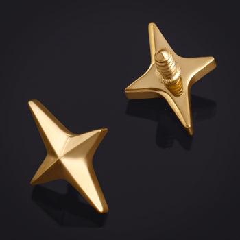 Labret Top, Gold, Four Pointed Star, Internally Threaded, Titanium